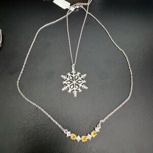 Silver Snowflake Pendant Necklace with Yellow Gem Accent
